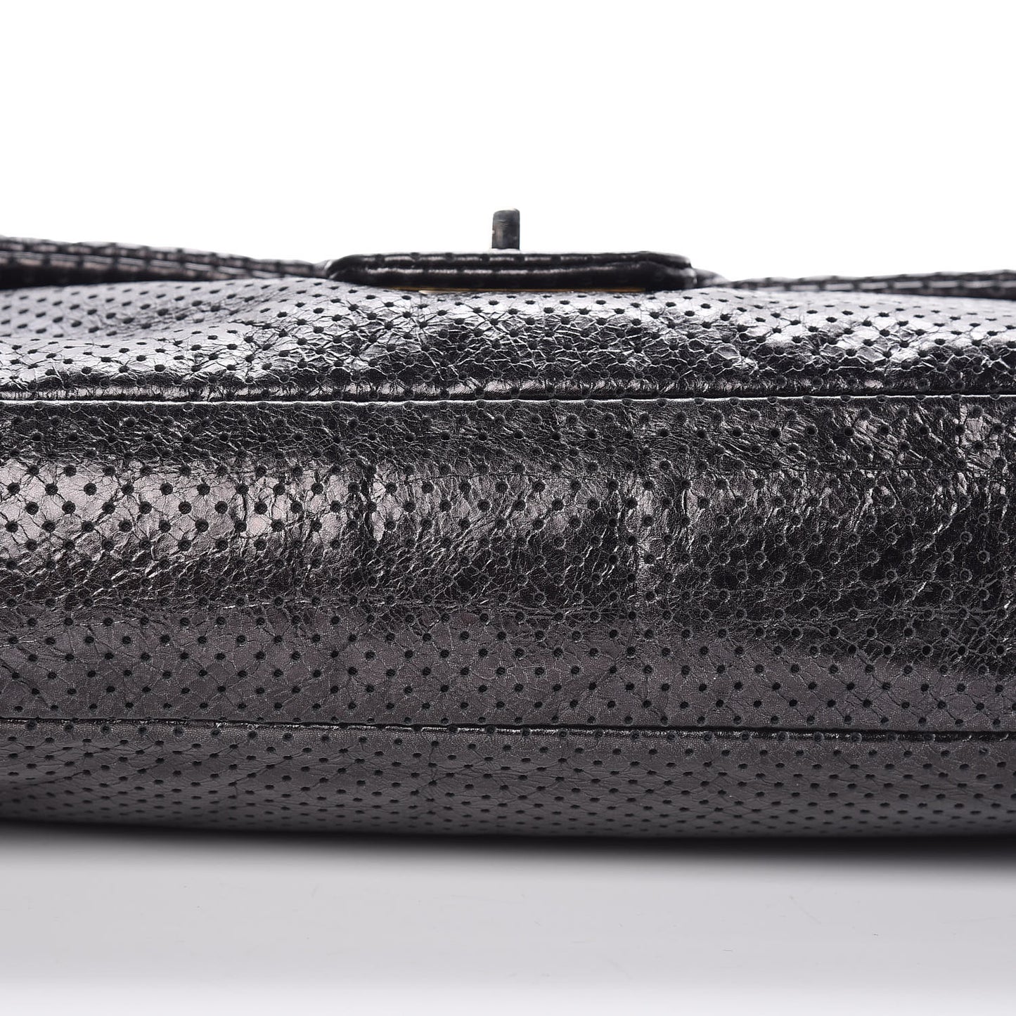 Metallic Crackled Calfskin Large Perforated Drill Flap Black