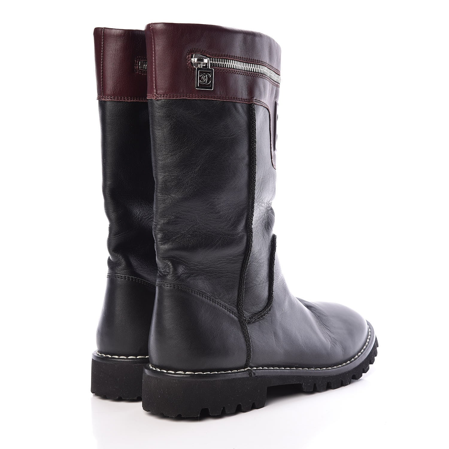 Chanel Calfskin Motorcycle Zipper Boots 40.5 Black Burgundy 4 of 12