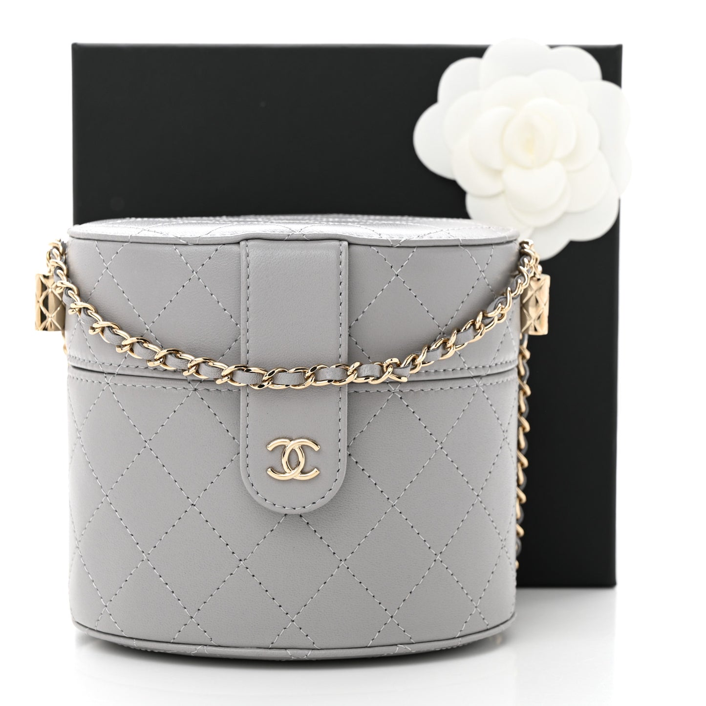 Lambskin Quilted Round Mini Vanity Case With Chain Case With Chain Grey