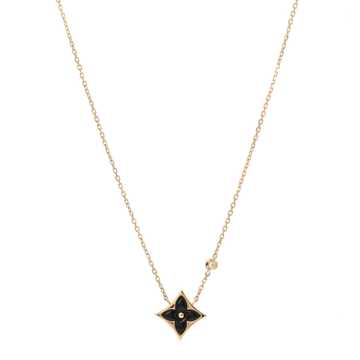 18K Yellow Gold Diamond Black Onyx Color Blossom BB Star Pendant Necklace