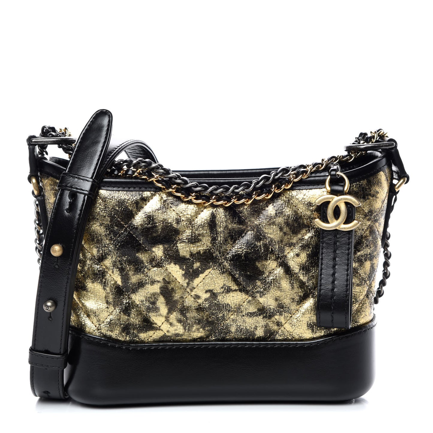 Metallic Crumpled Goatskin Quilted Small Gabrielle Hobo Black Gold