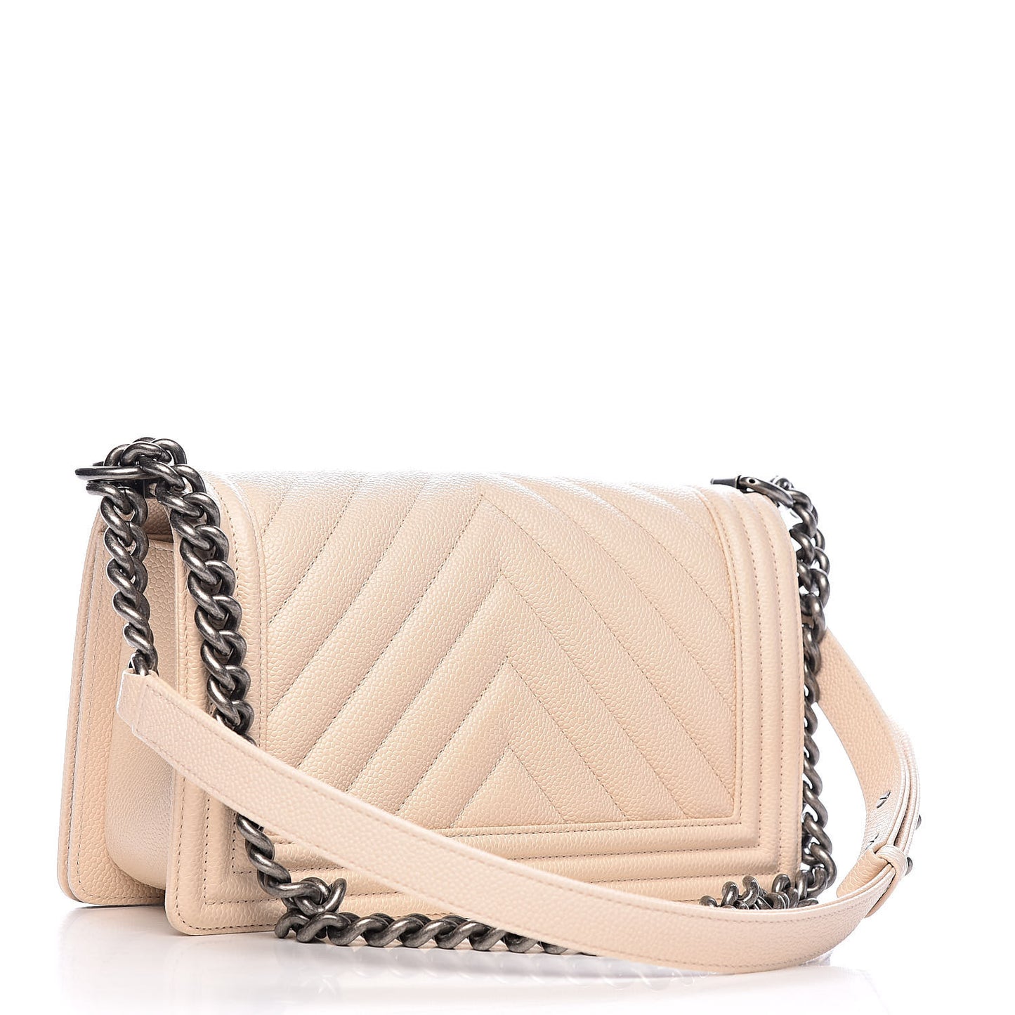 Caviar Chevron Quilted Medium Boy Flap Light Beige