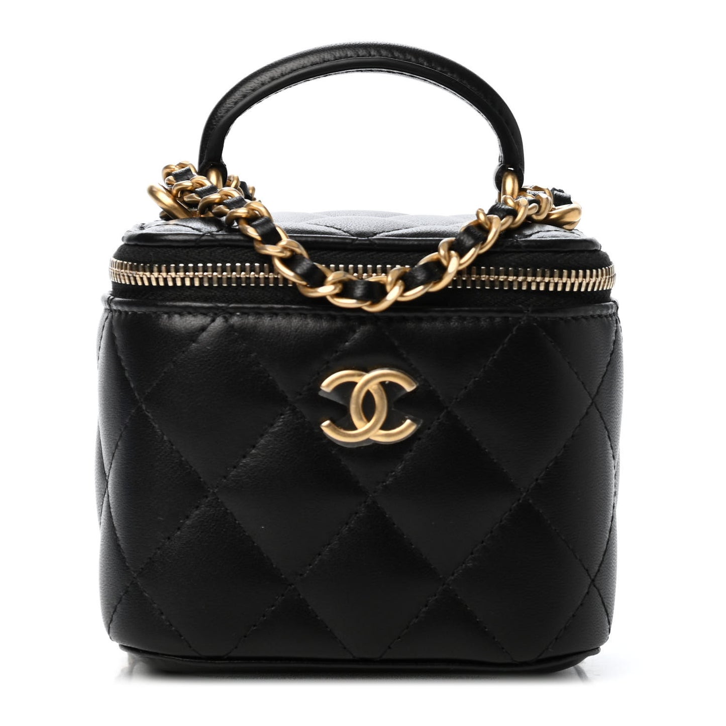 Lambskin Quilted Top Handle Mini Vanity Case With Chain Black