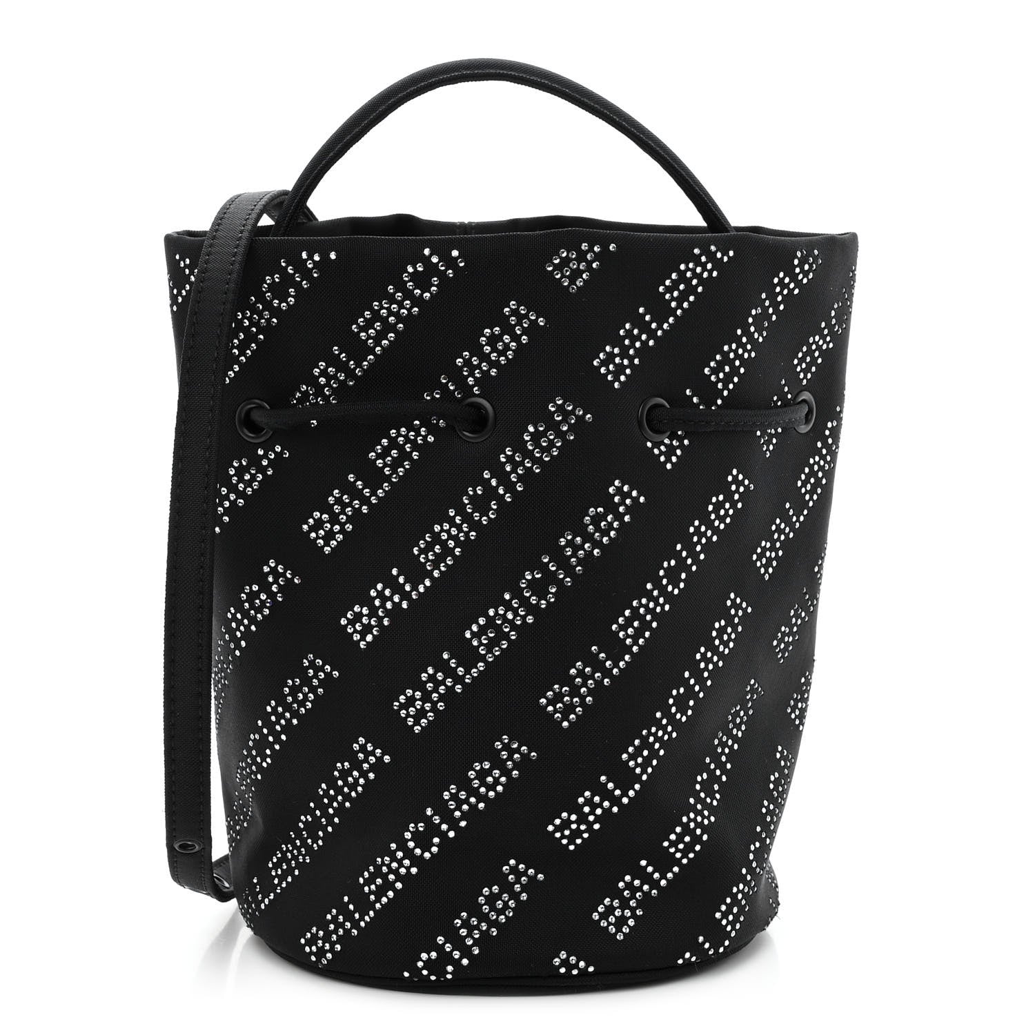 Balenciaga Recycled Sport Nylon Crystal Allover Logo Wheel Drawstring Bucket Bag Black Crystal 1 of 9