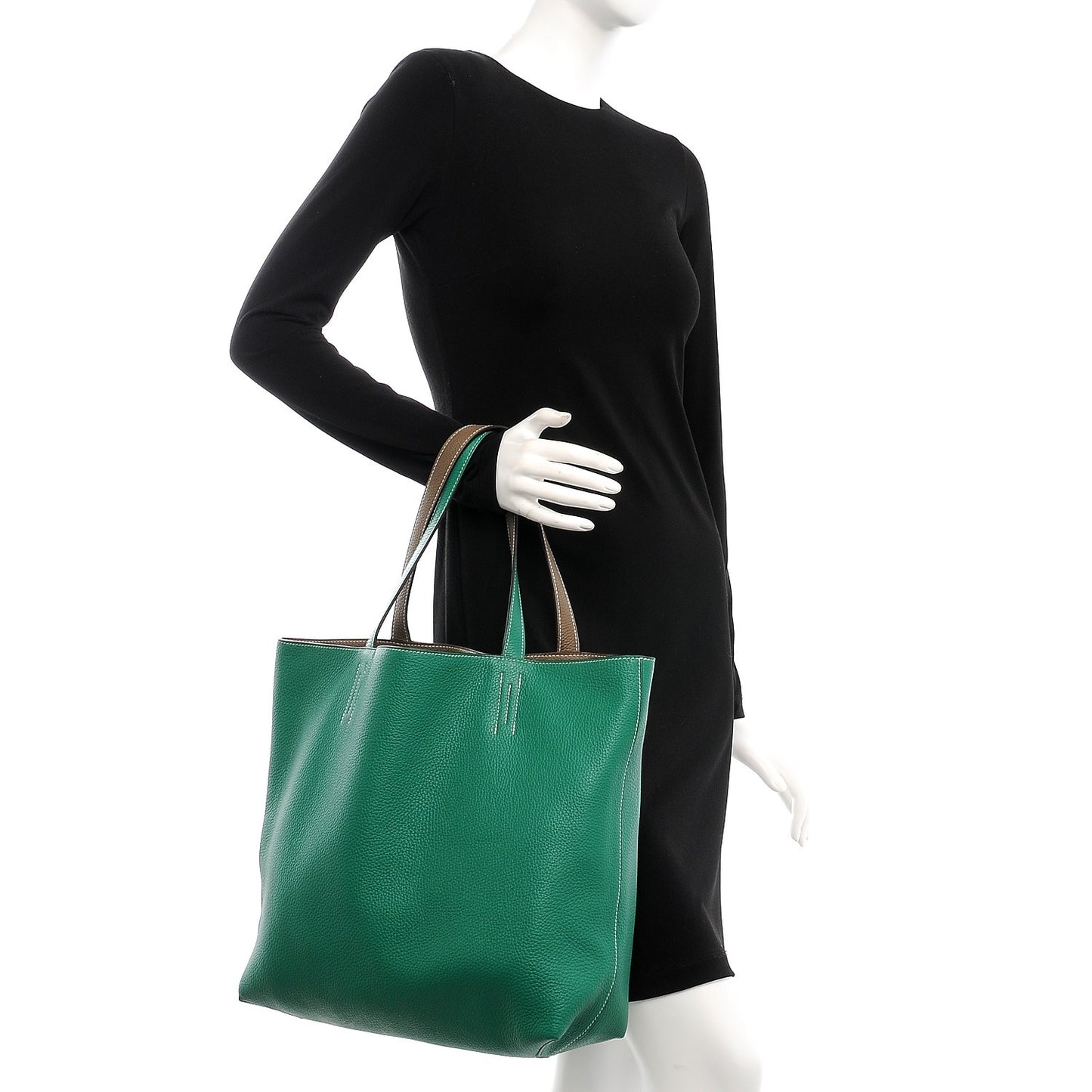 Taurillon Clemence Double Sens 45 Reversible Tote Etoupe Vert Vertigo
