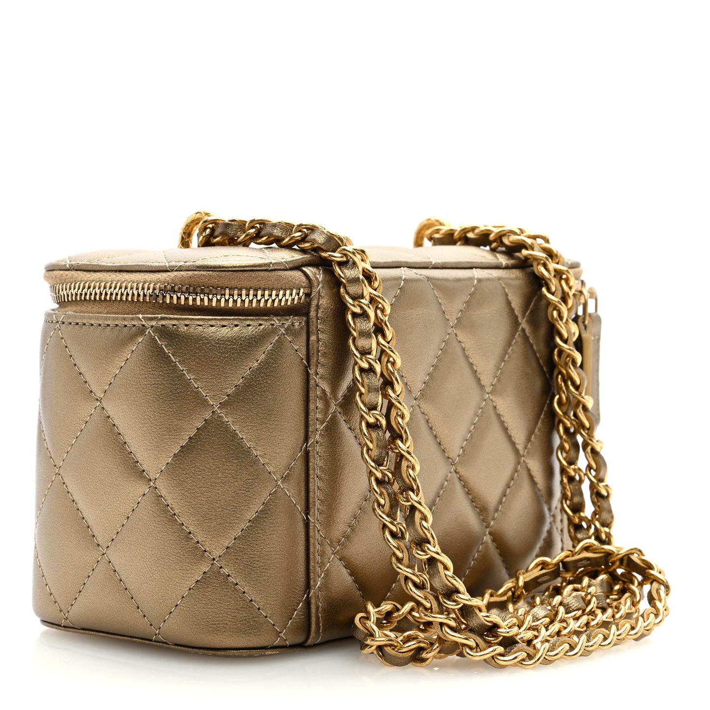 Metallic Lambskin Quilted Small CC Dynasty Vanity Case With Chain Gold
