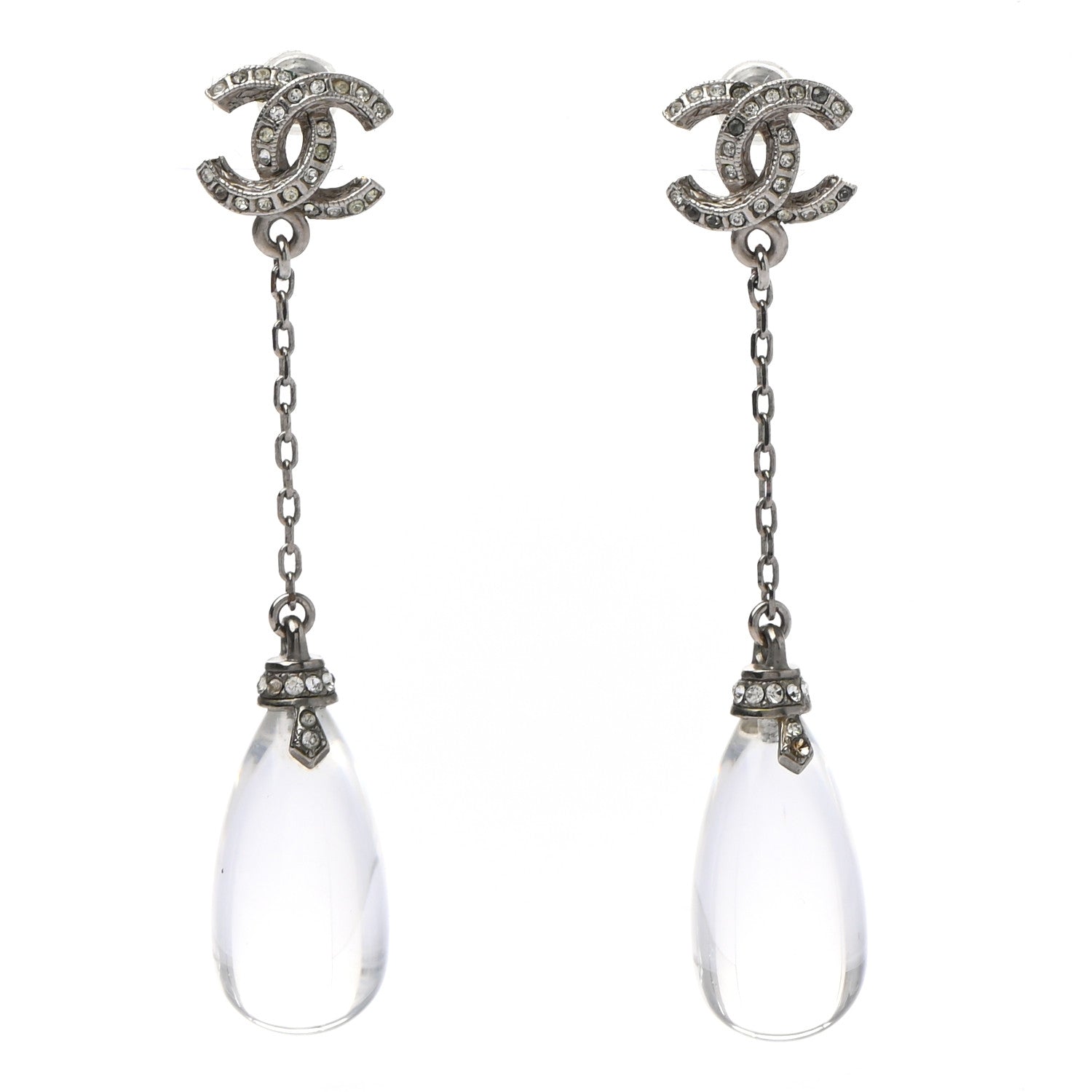 Chanel Crystal Resin CC Drop Earrings Silver 1 of 5