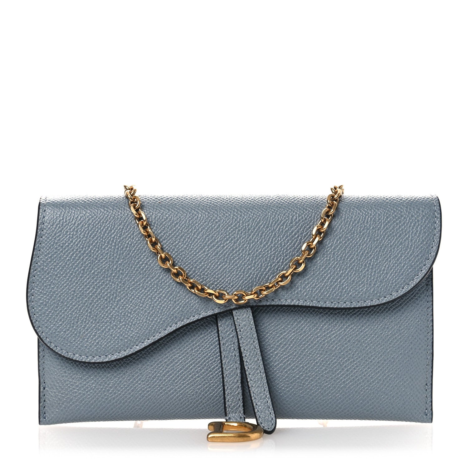 Christian Dior Grained Calfskin Saddle Chain Wallet Pouch Cloud Blue 1 of 13