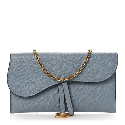 Christian Dior Grained Calfskin Saddle Chain Wallet Pouch Cloud Blue 1 of 13