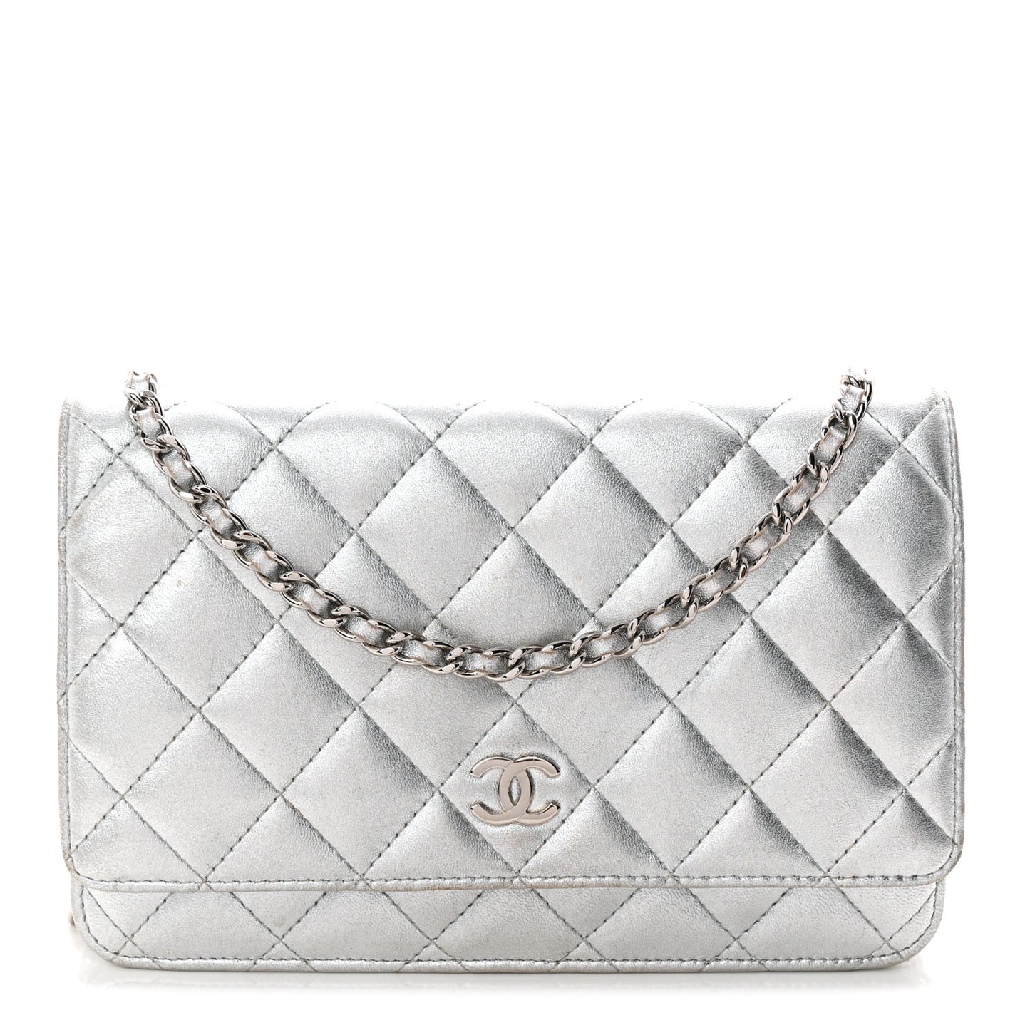 Metallic Lambskin Quilted Wallet On Chain WOC Silver Gold