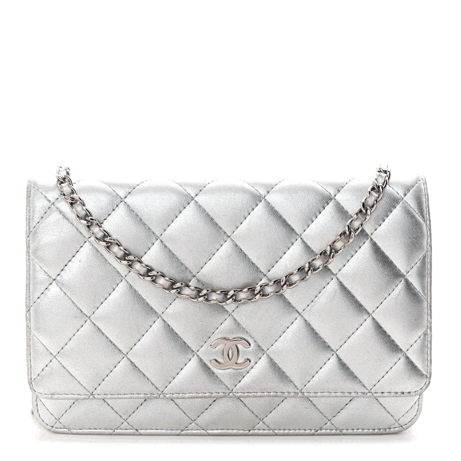 Chanel Metallic Lambskin Quilted Wallet On Chain WOC Silver Gold 1 of 14