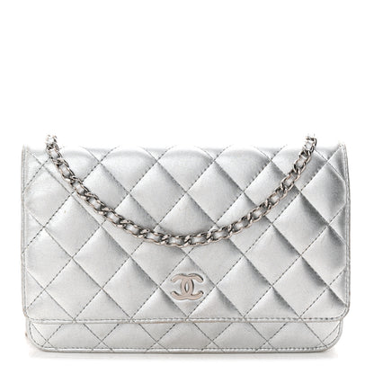 Chanel Metallic Lambskin Quilted Wallet On Chain WOC Silver Gold 1 of 14