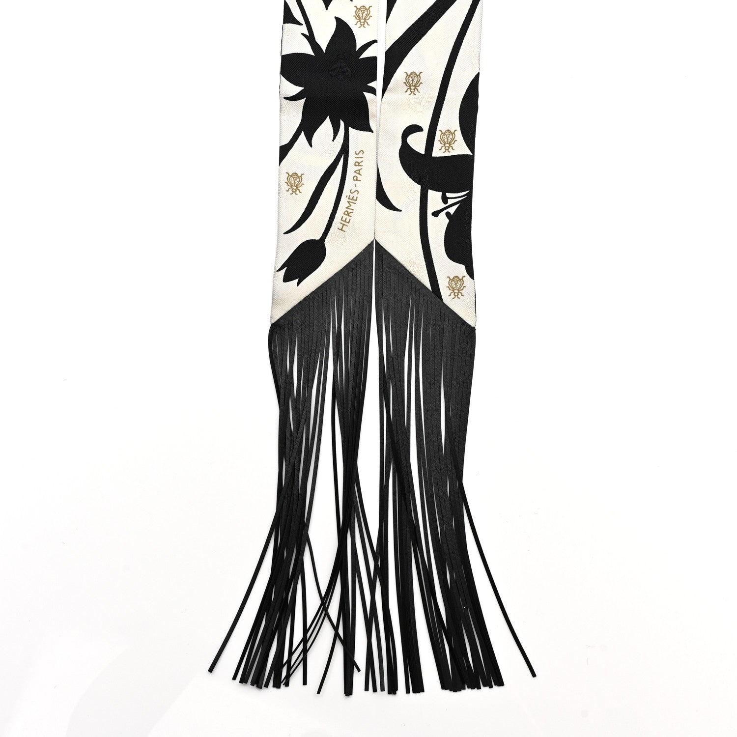 Hermes Silk Calfskin Bouquet Final Fringed Twilly Creme Black 2 of 4