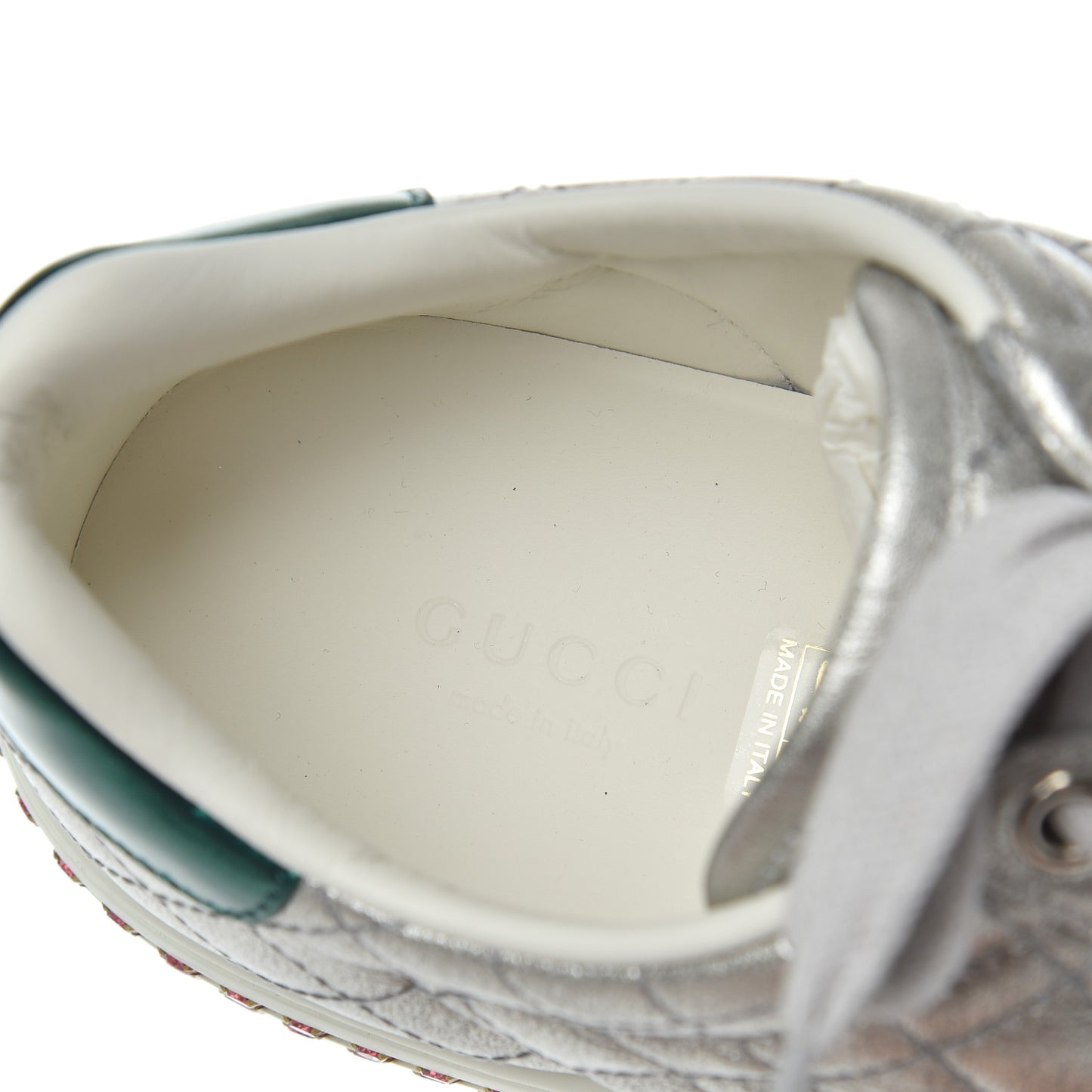 Laminated Nappa Crystal Web Bee Embroidered Trapuntata Womens Ace Platform Sneakers 36.5 Argento