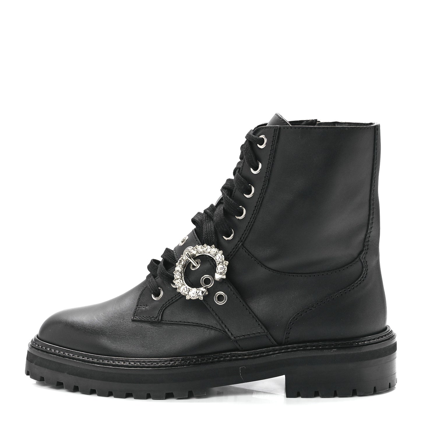 Calfskin Crystal Embellished Cora Flat Combat Boots Black 41