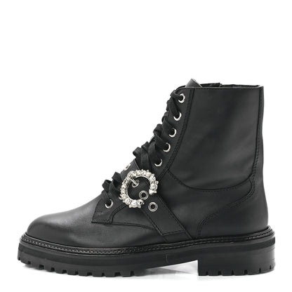 Jimmy Choo Calfskin Crystal Embellished Cora Flat Combat Boots Black 41 1 of 7