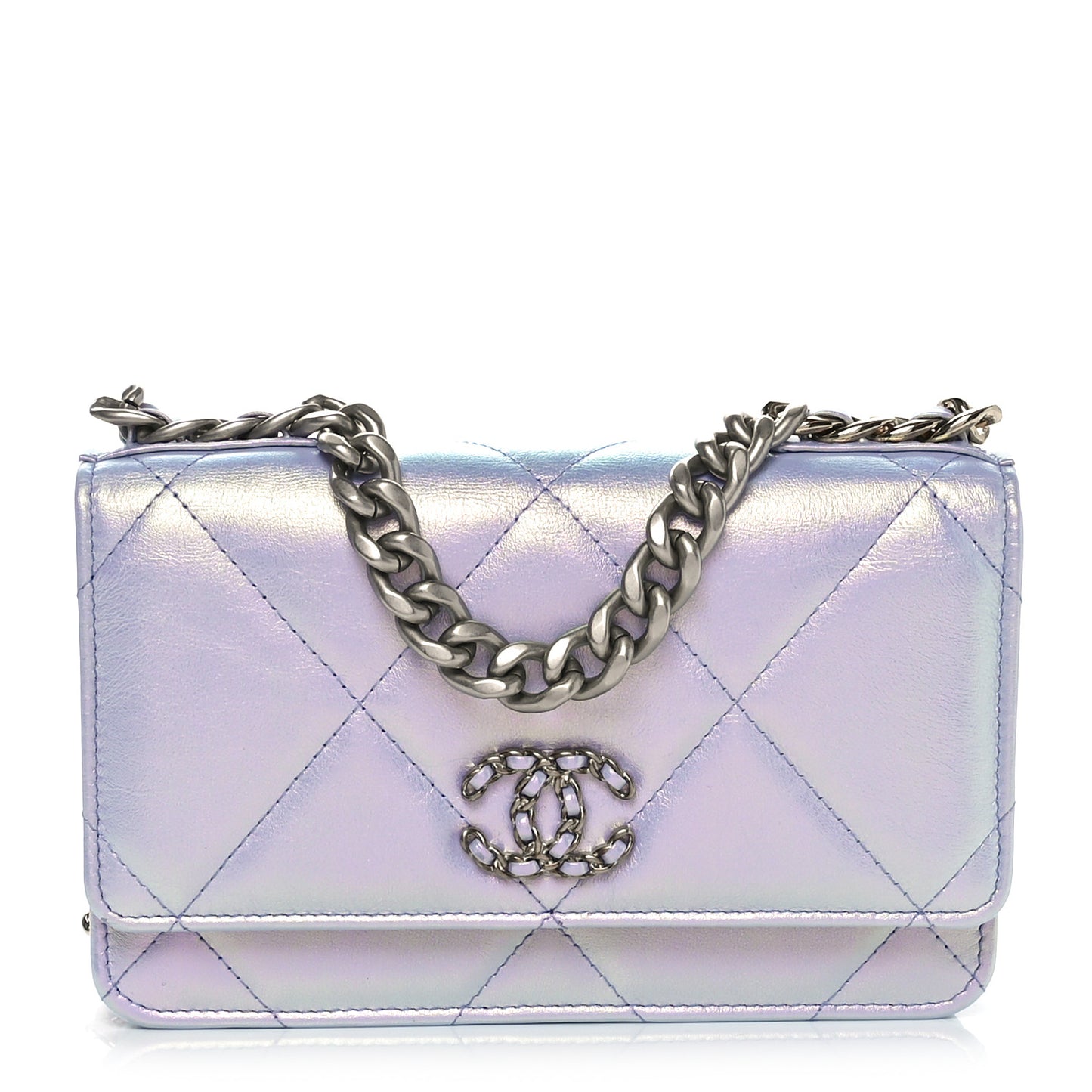 Iridescent Calfskin Quilted Chanel 19 Wallet On Chain WOC Light Purple