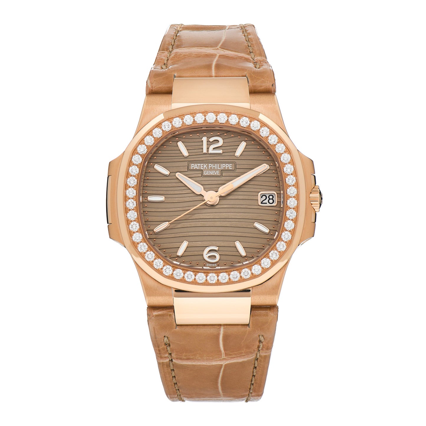 18K Rose Gold Alligator Diamond 32mm Nautilus Quartz Watch Brown 7010/1R-012