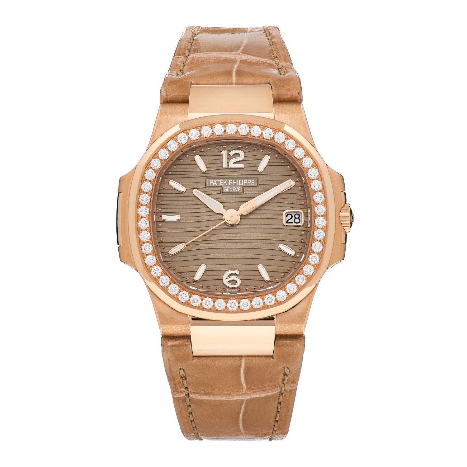 Patek Philippe 18K Rose Gold Alligator Diamond 32mm Nautilus Quartz Watch Brown 7010/1R-012 1 of 5