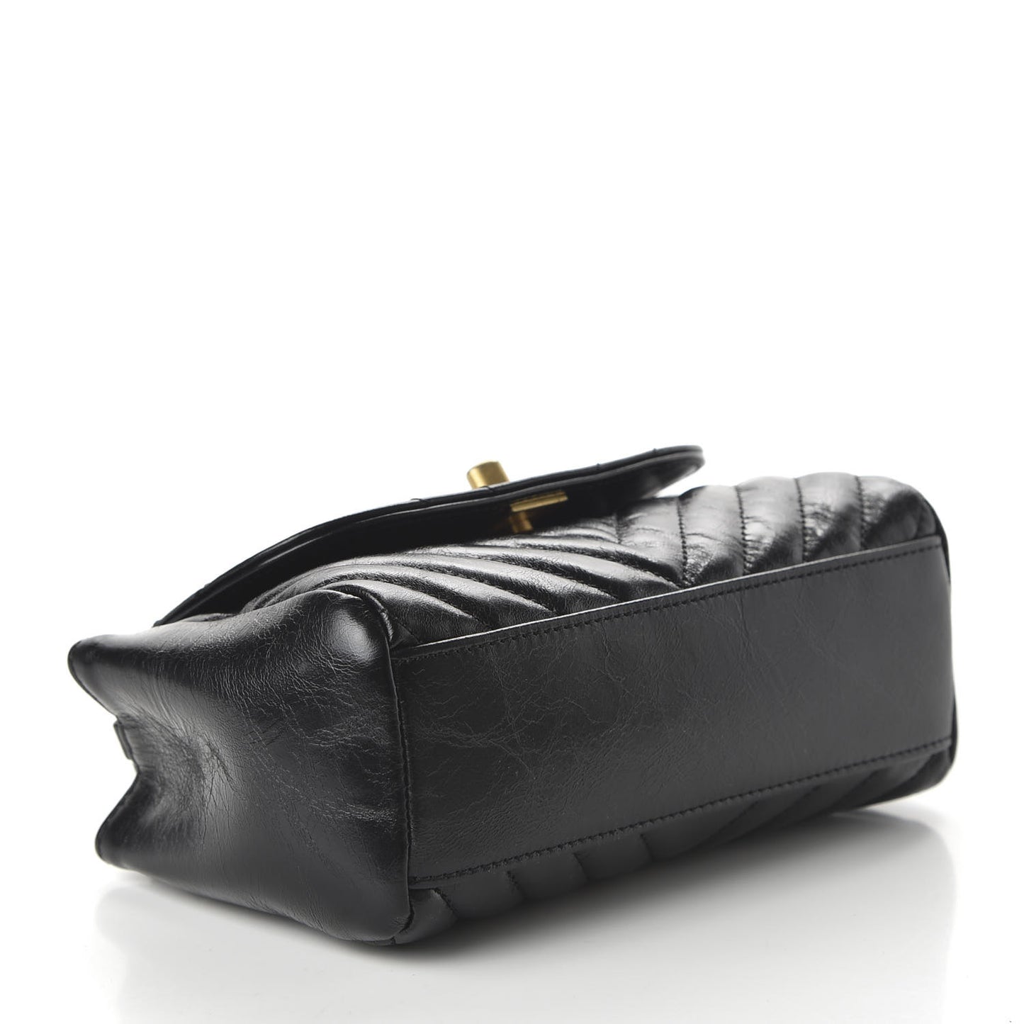 Glazed Calfskin Chevron Quilted Small Hampton Flap Black