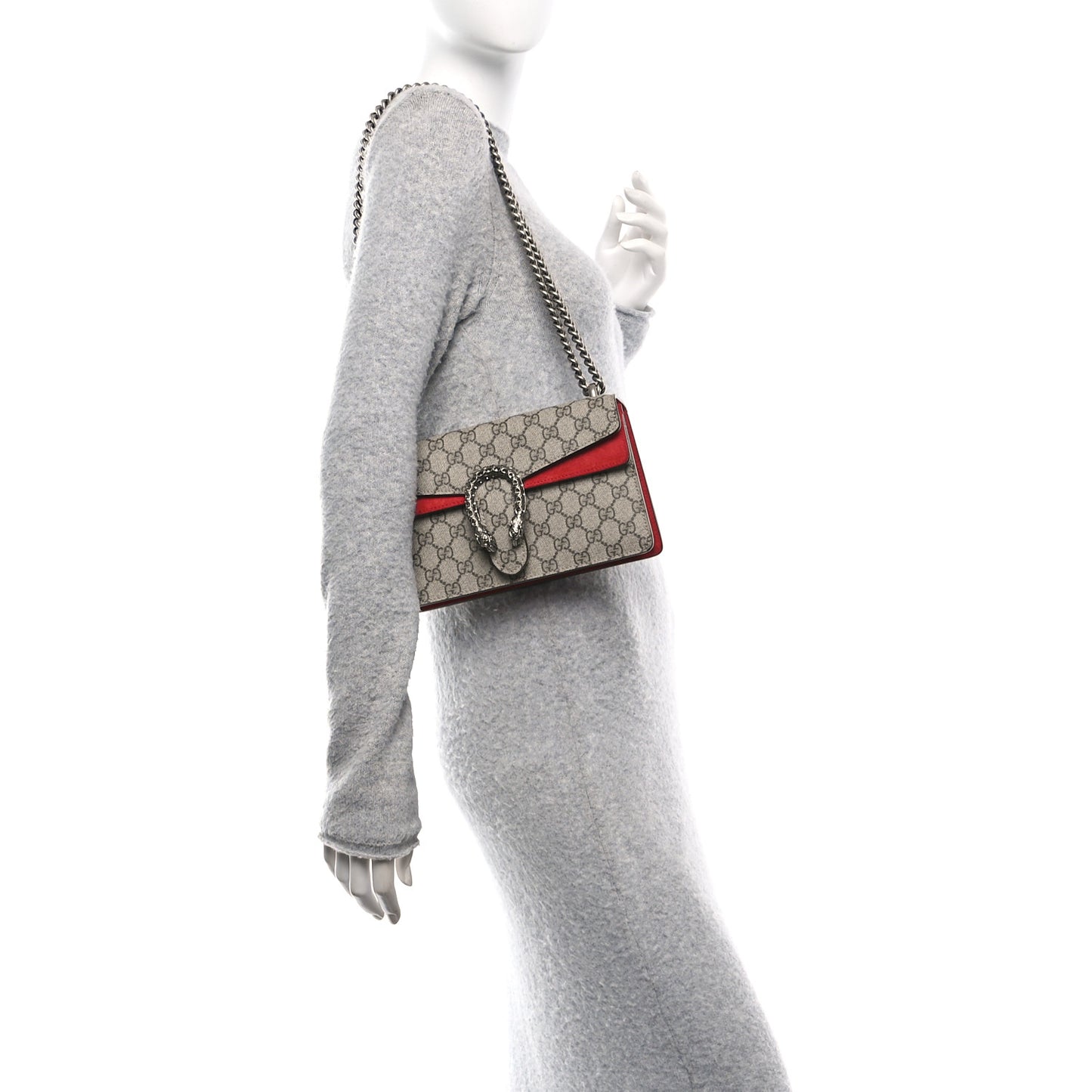 GG Supreme Monogram Suede Crystal Small Dionysus Shoulder Bag Beige Ebony Vulcanic Red