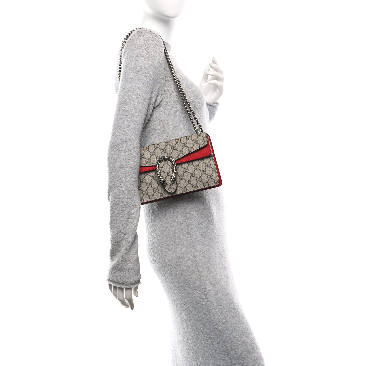 Gucci GG Supreme Monogram Suede Crystal Small Dionysus Shoulder Bag Beige Ebony Vulcanic Red 2 of 10