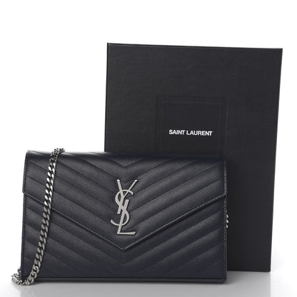 Saint Laurent Grain De Poudre Matelasse Chevron Monogram Chain Wallet Deep Marine 10 of 10