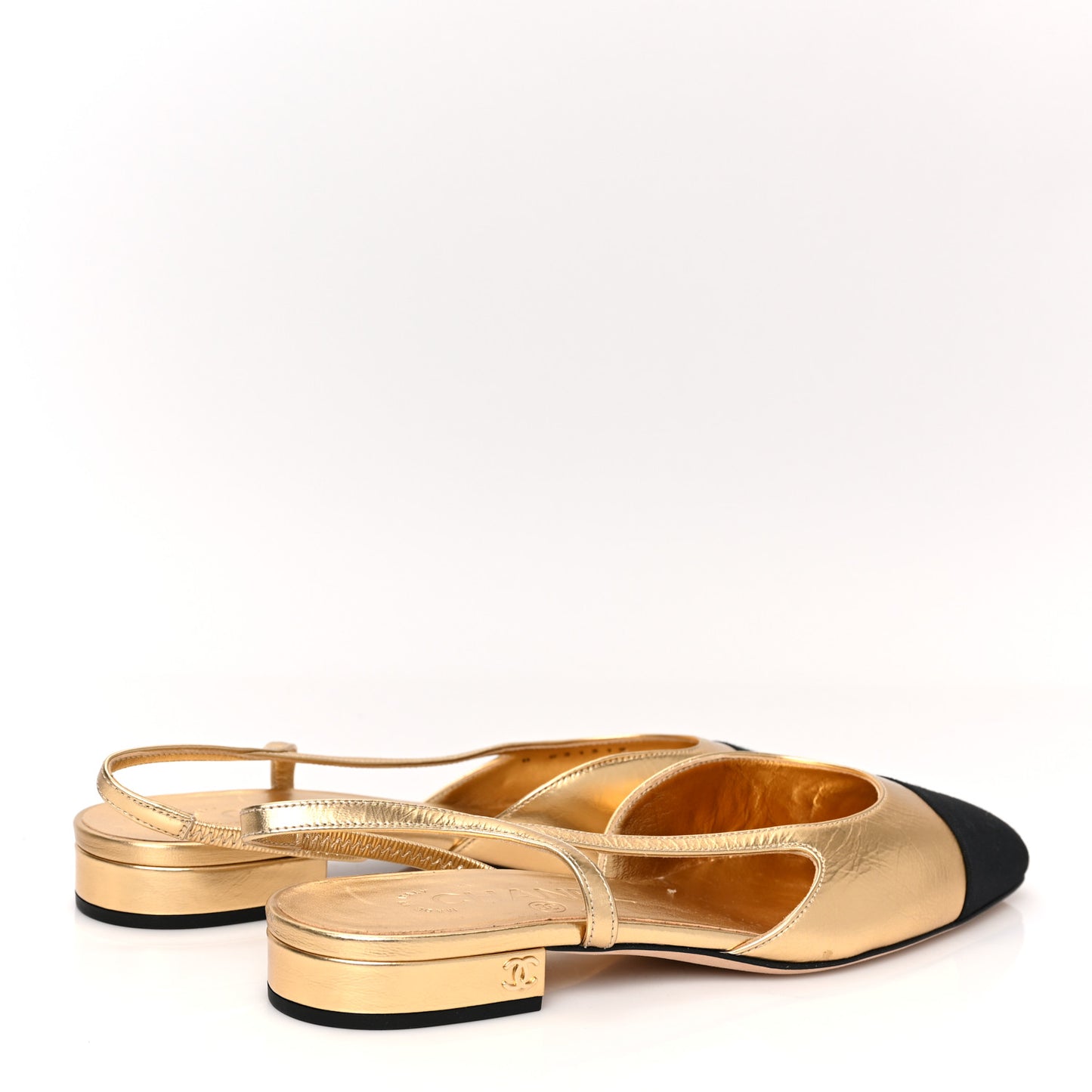 Laminated Lambskin Grosgrain Cap Toe CC Slingback Flats 36.5 Gold Black