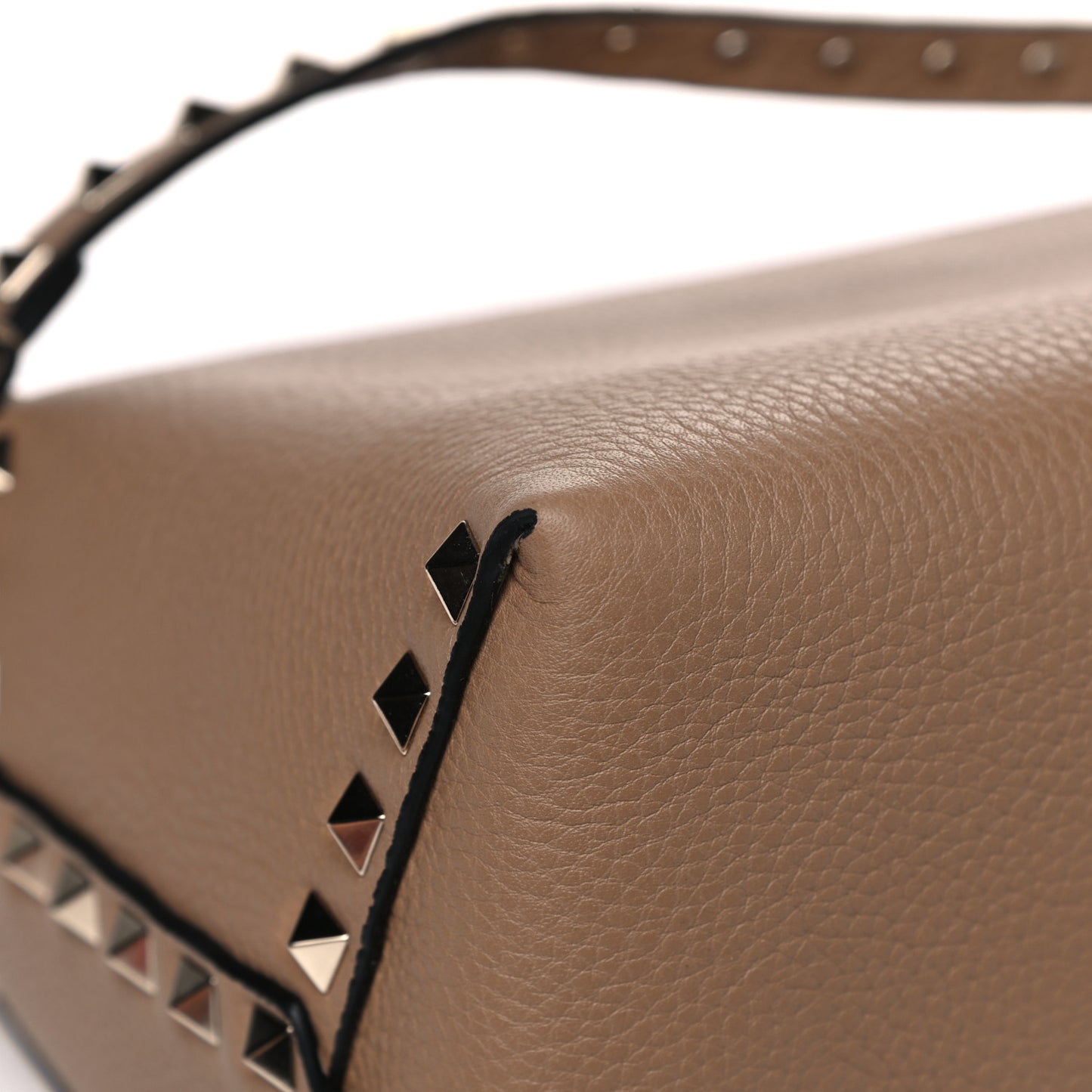 Grained Calfskin Rockstud Single Handle Flap Bag Beige