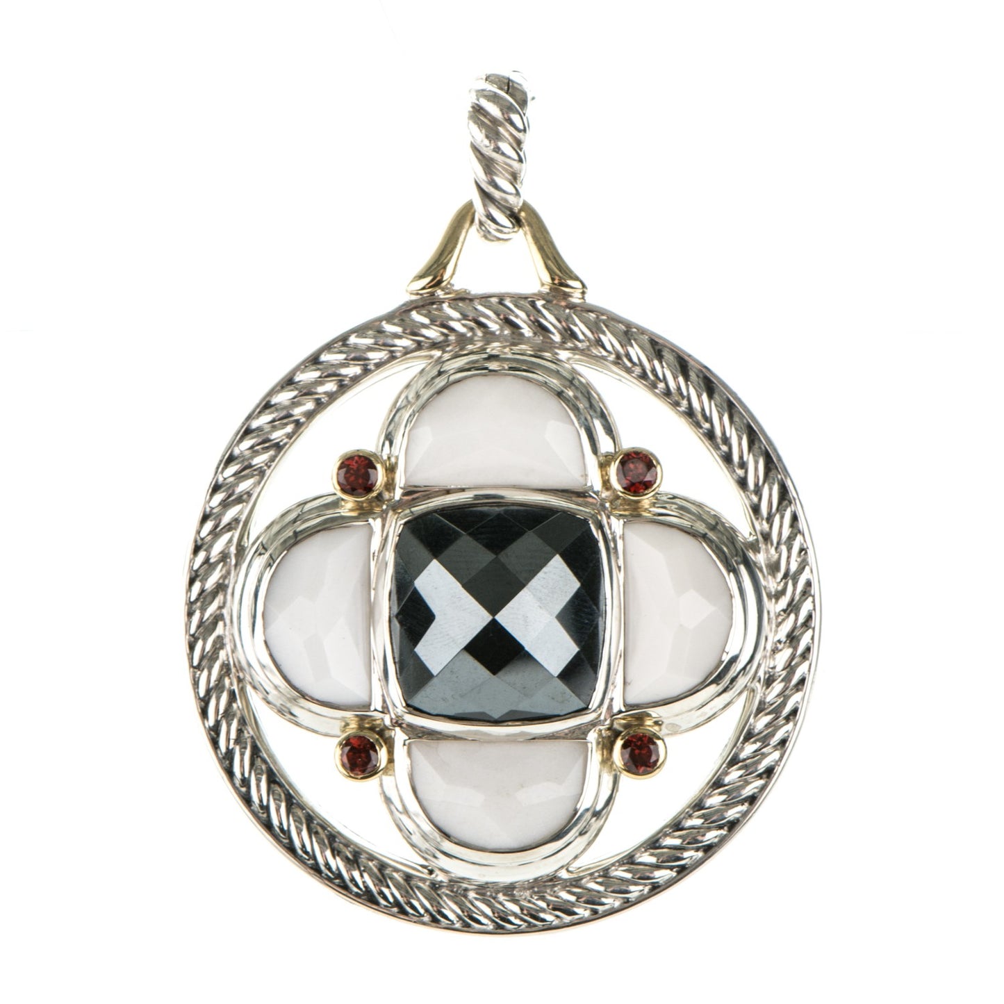 Sterling Silver 14K Yellow Gold White Agate Hematite Garnet Half Moon Renaissance Enhancer Pendant
