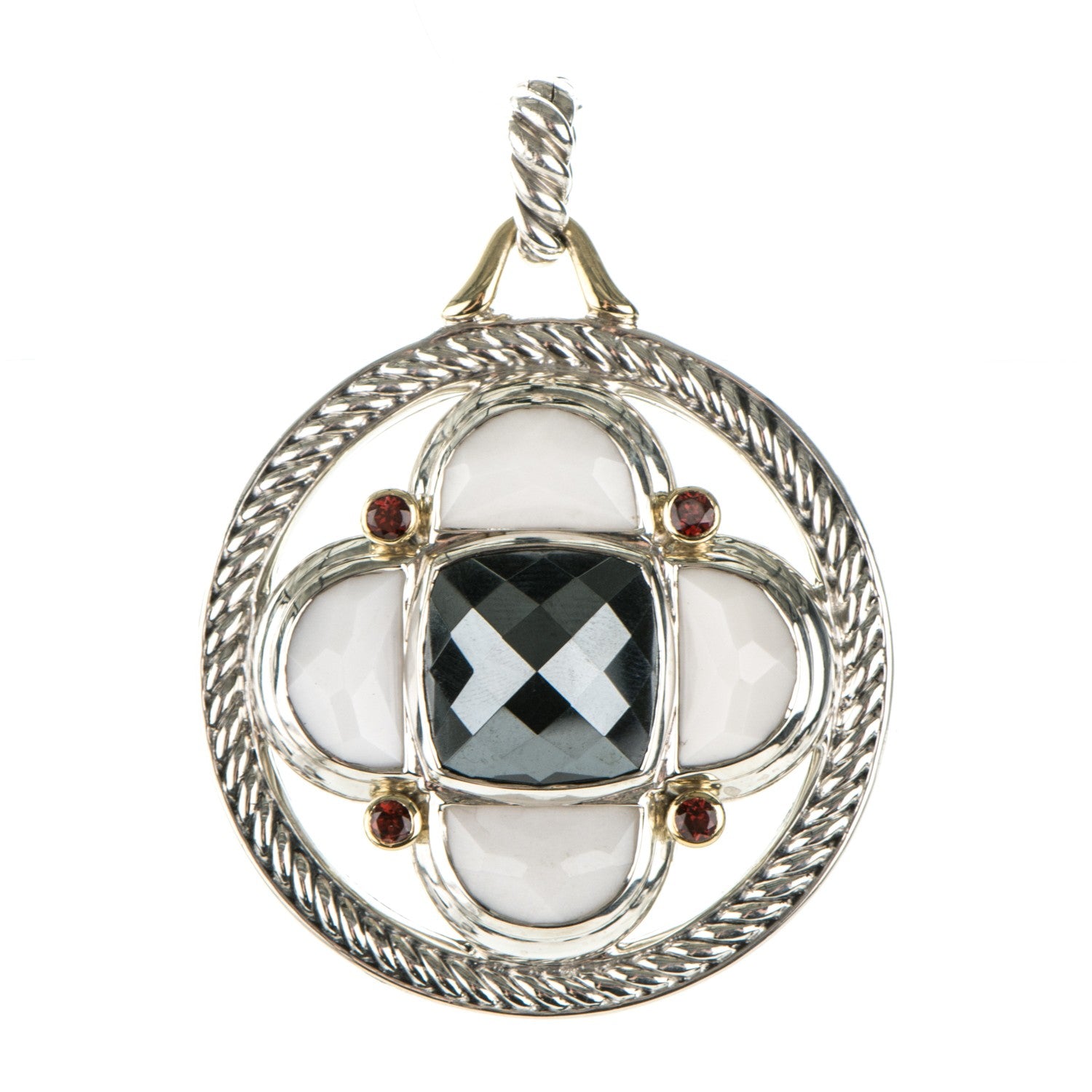 David Yurman Sterling Silver 14K Yellow Gold White Agate Hematite Garnet Half Moon Renaissance Enhancer Pendant 1 of 5