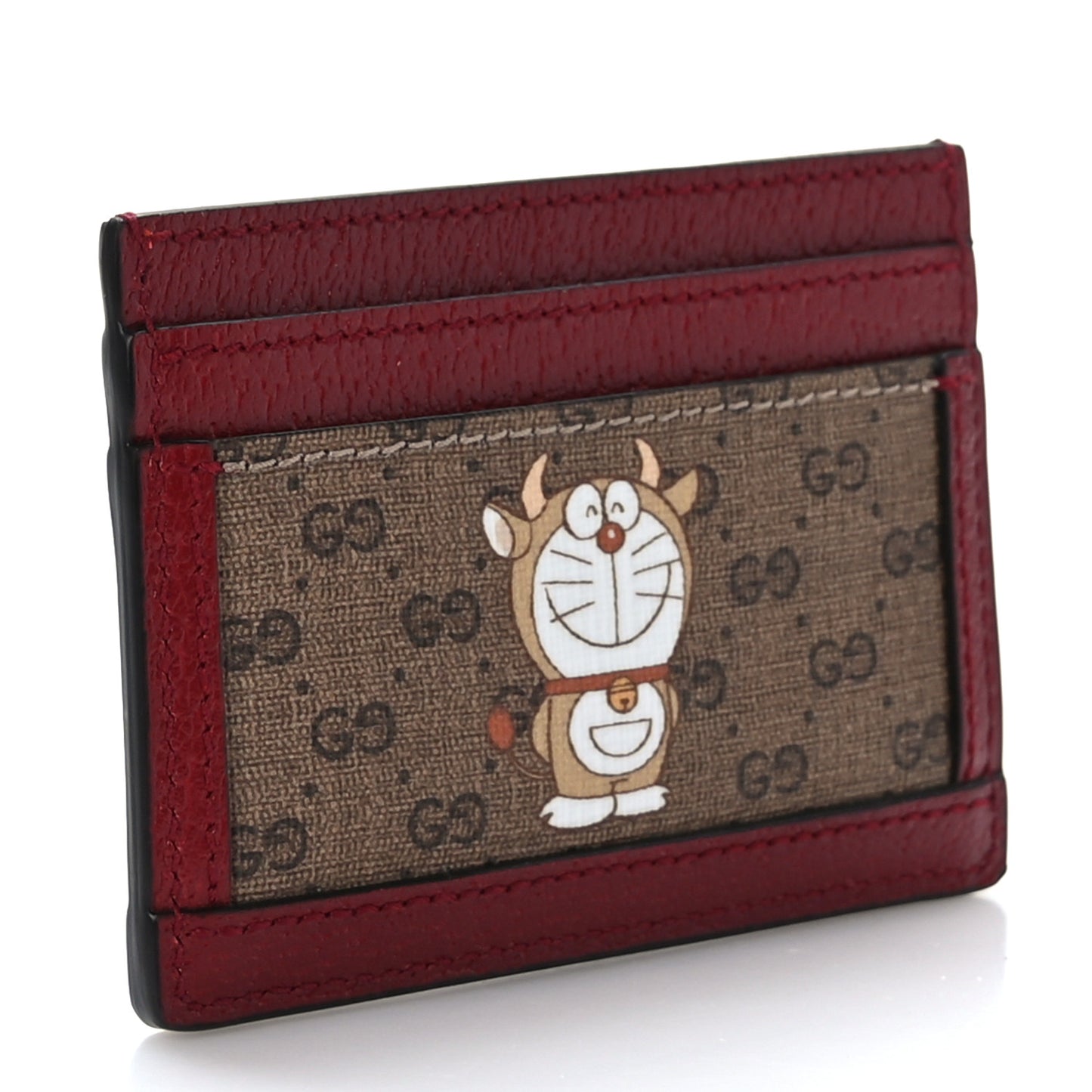 X DORAEMON Mini Vintage GG Supreme Monogram Card Holder Beige Cherry Red
