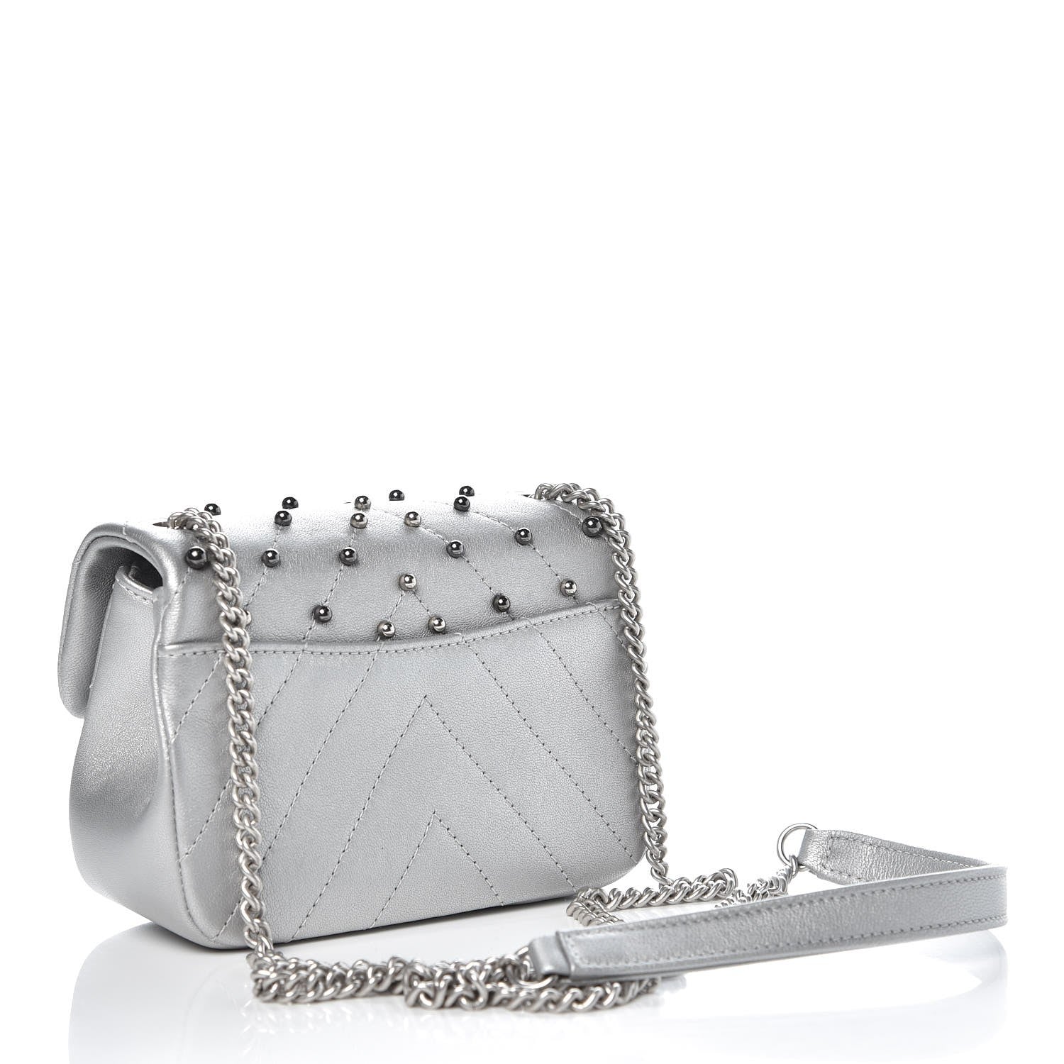 Chanel Metallic Lambskin Chevron Quilted Studded Mini Flap Silver 3 of 7