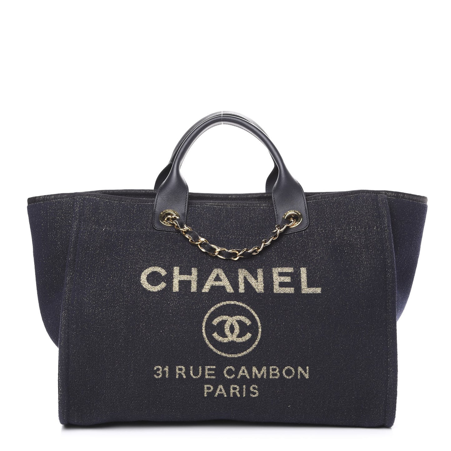 Lurex Canvas Medium Deauville Tote Navy Blue Gold