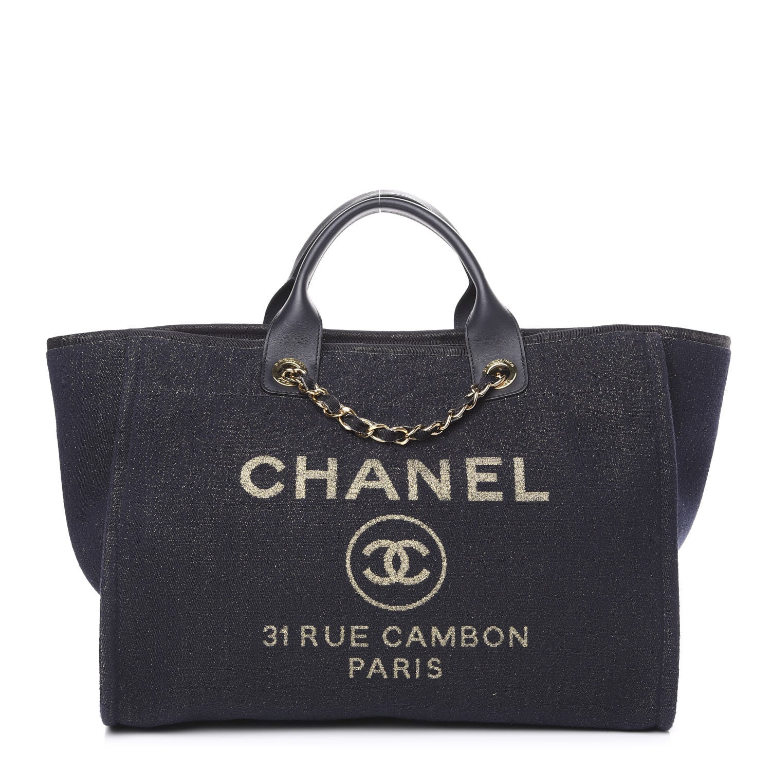 Chanel Lurex Canvas Medium Deauville Tote Navy Blue Gold 1 of 9