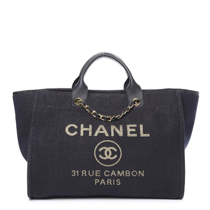 Chanel Lurex Canvas Medium Deauville Tote Navy Blue Gold 1 of 9
