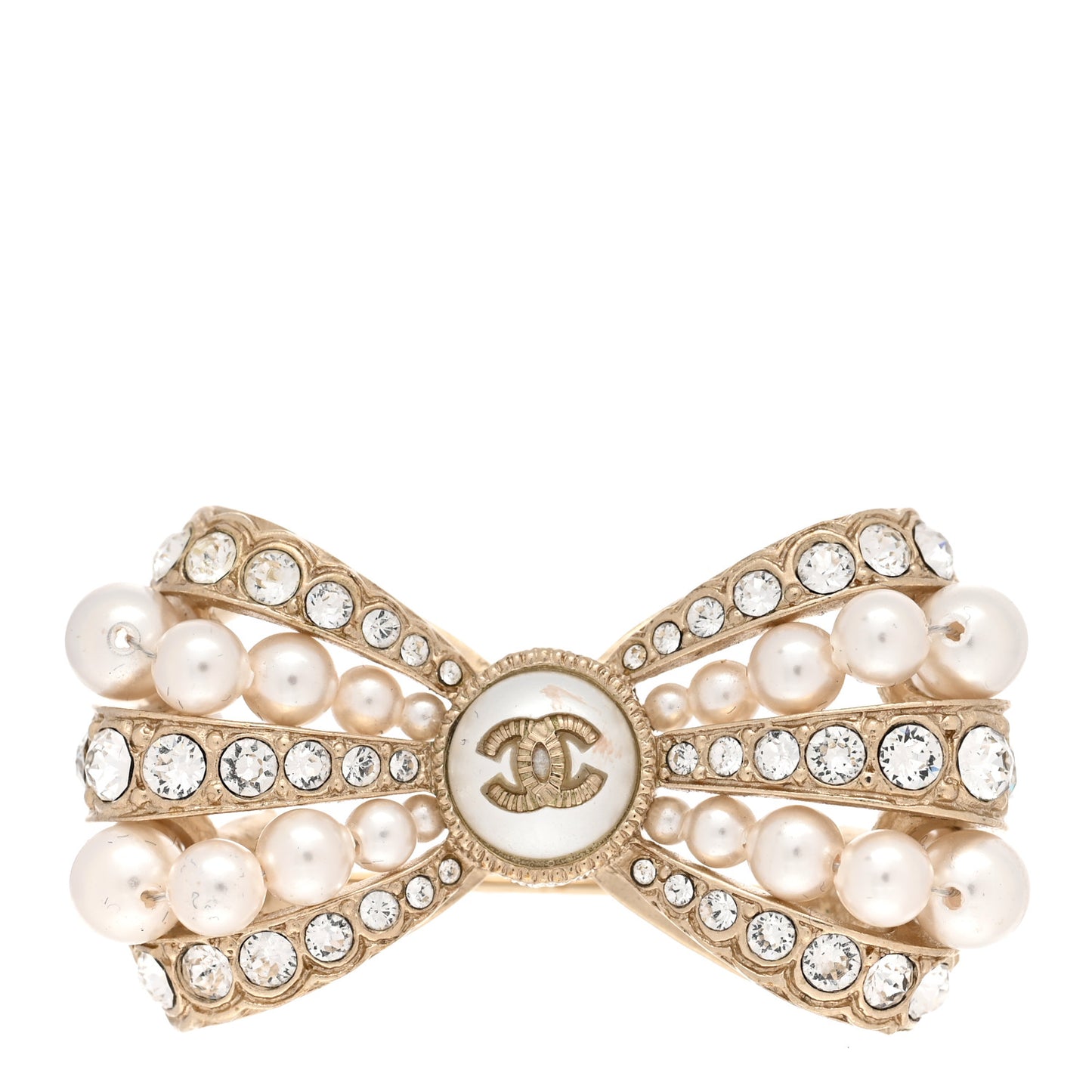 Metal Crystal Pearl CC Bow Brooch Gold