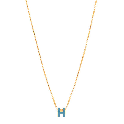 Hermes Lacquered Gold Mini Pop H Pendant Necklace Bleu Jean 1 of 5