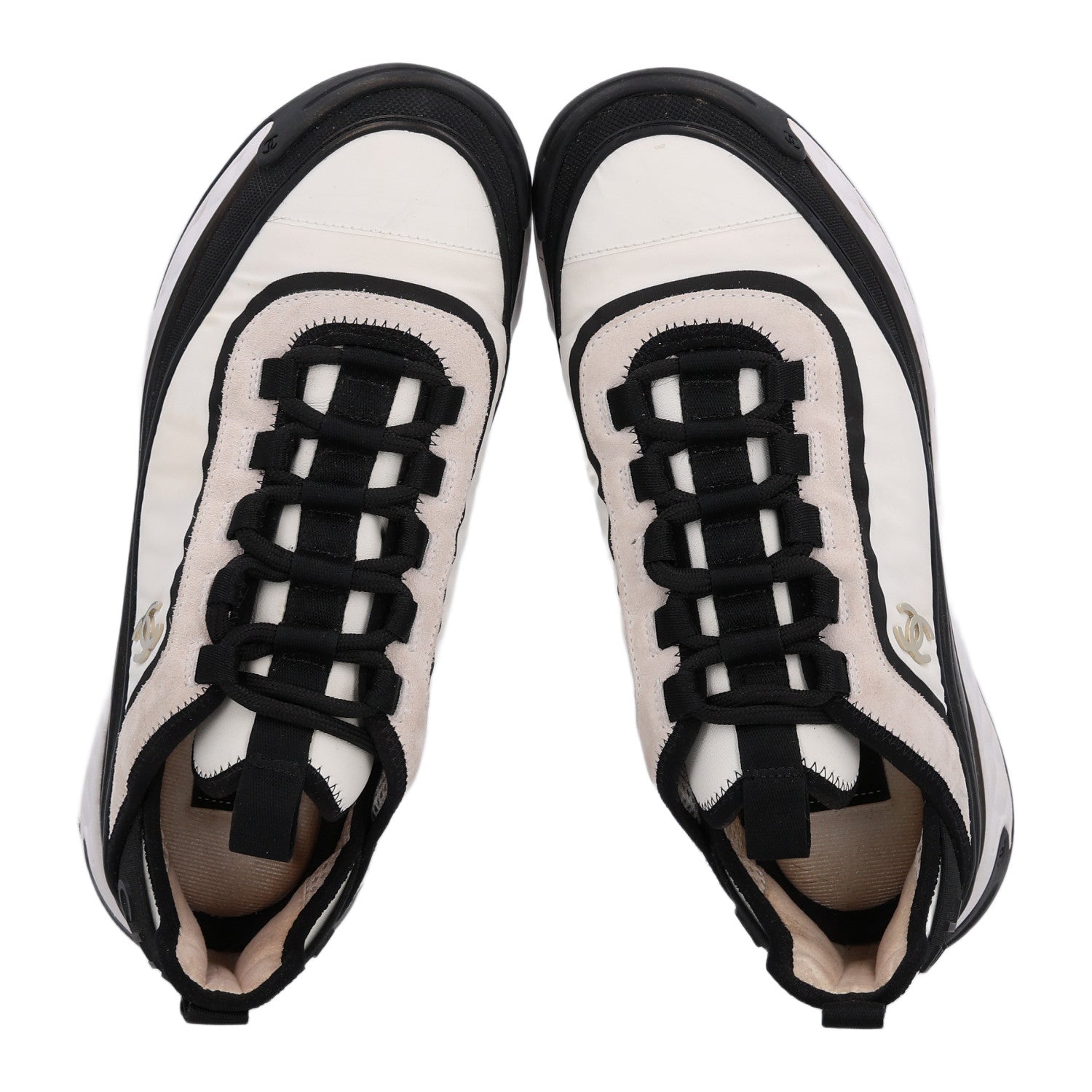 Chanel Fabric Suede Calfskin CC Sneakers 38 White Black 3 of 11