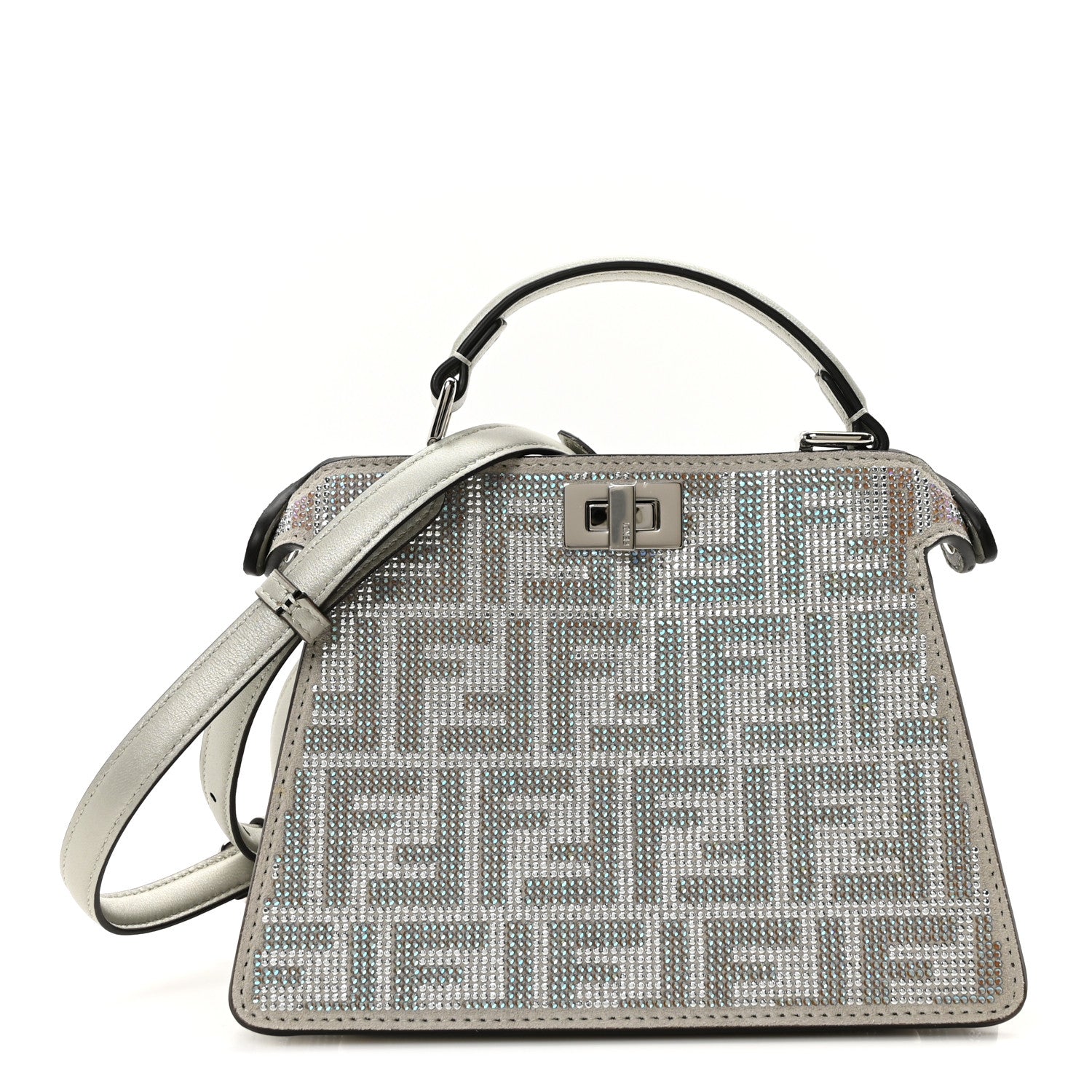 Fendi Iridescent Crystal Vitello Laminato Suede FF Petite Peekaboo I SEE U Satchel Cappuccino 1 of 10