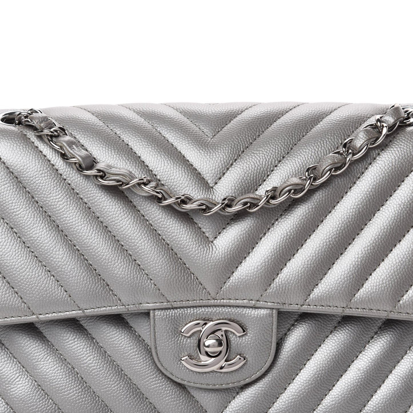 Metallic Caviar Chevron Quilted Medium Double Flap Silver