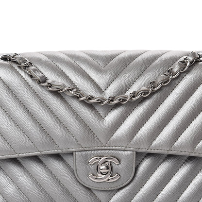 Chanel Metallic Caviar Chevron Quilted Medium Double Flap Silver 12 of 12