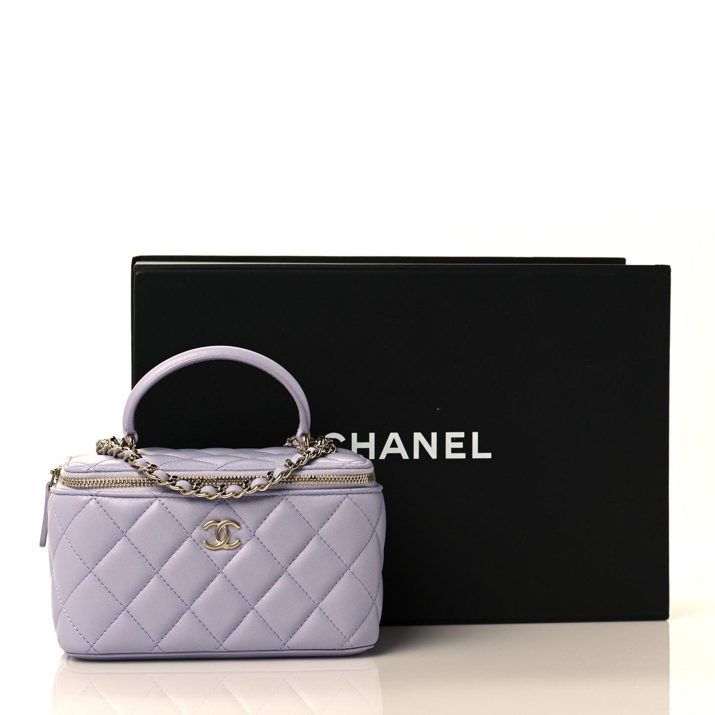 Lambskin Quilted Small Top Handle Vanity Case With Chain Light Purple