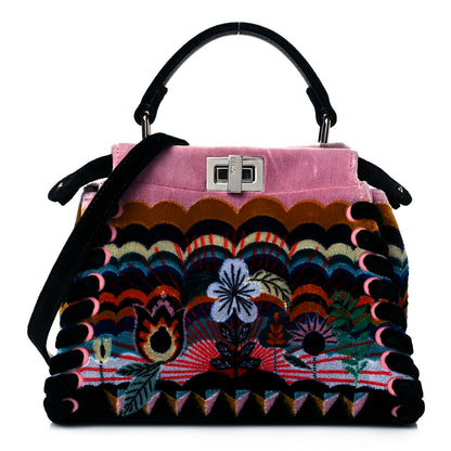 Fendi Velvet Embroidered Mini Peekaboo Iconic Satchel Black Multicolor 1 of 10