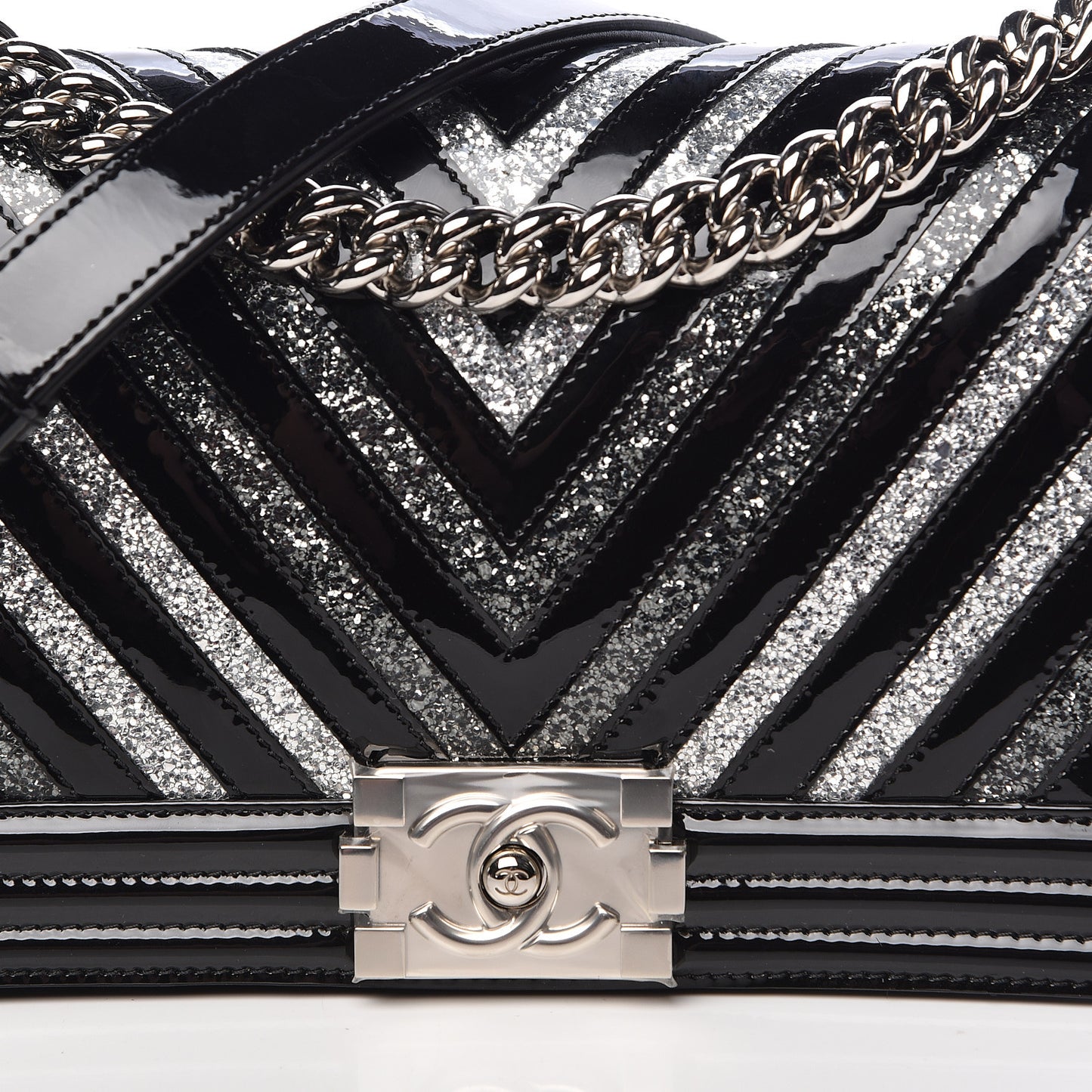 Patent Glitter PVC Chevron Quilted Medium Boy Flap Black Silver