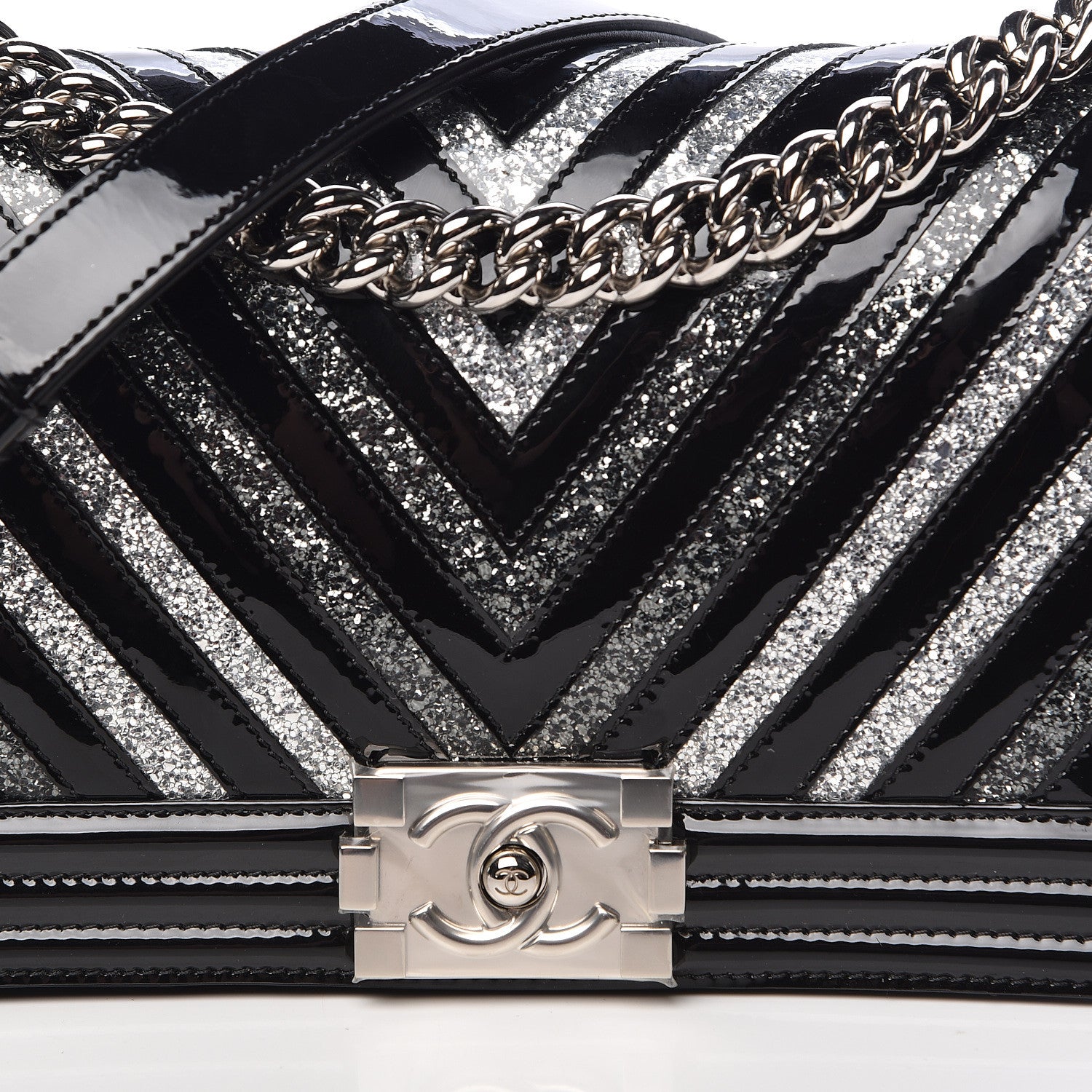 Chanel Patent Glitter PVC Chevron Quilted Medium Boy Flap Black Silver 10 of 11