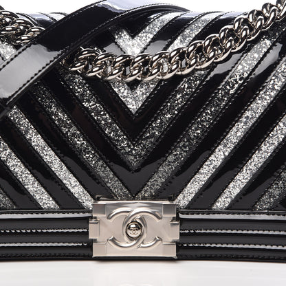Chanel Patent Glitter PVC Chevron Quilted Medium Boy Flap Black Silver 10 of 11