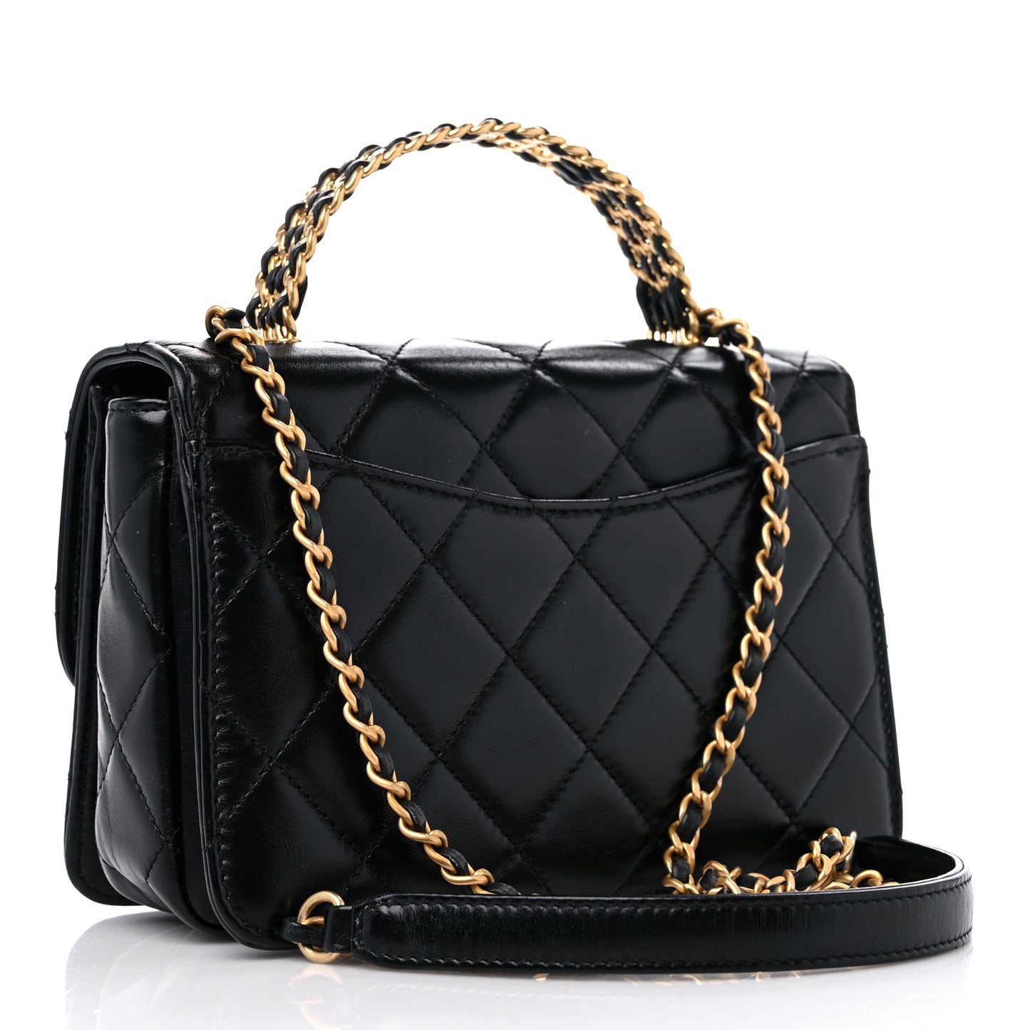 Shiny Calfskin Quilted Mini Chain Top Handle Flap Black