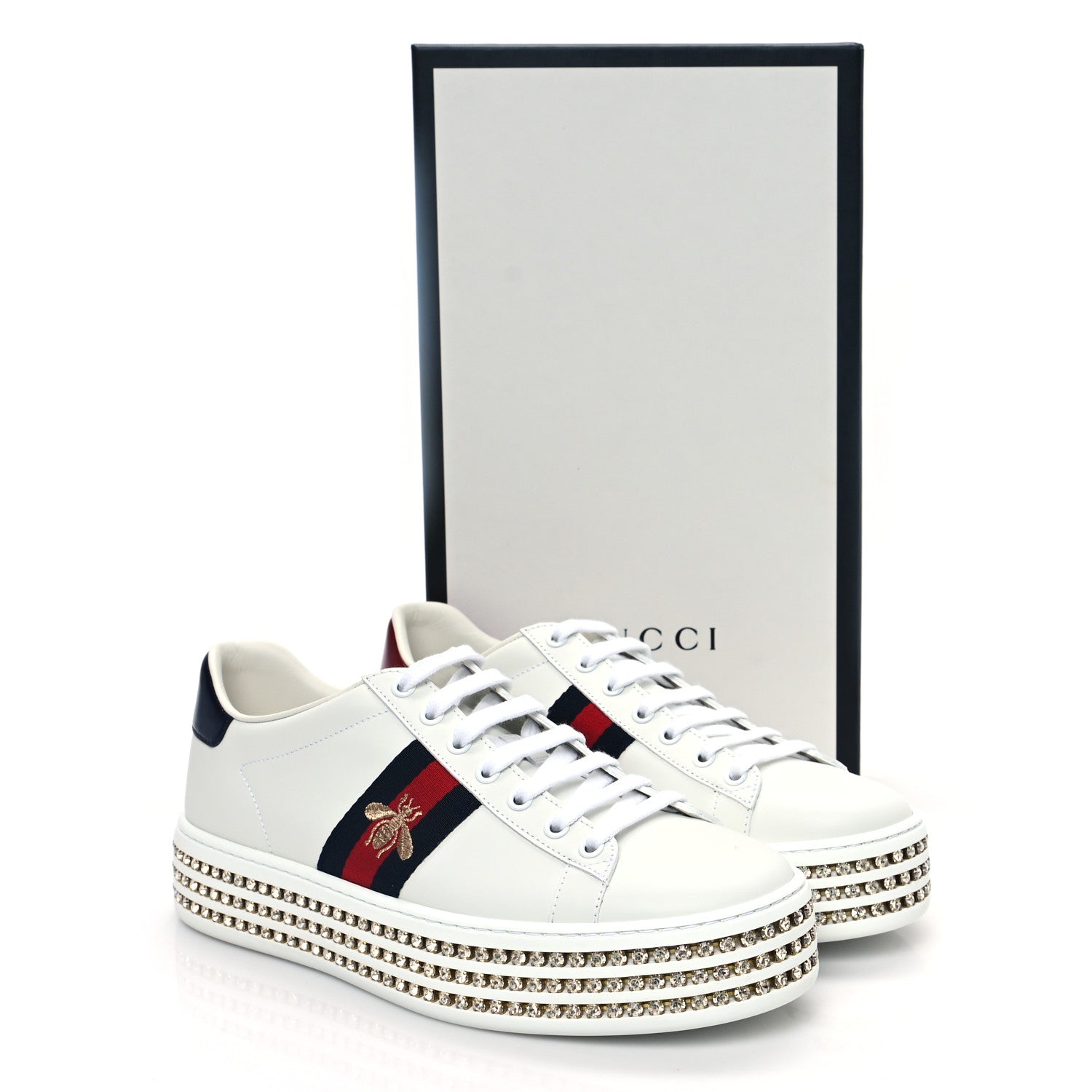 Gucci Calfskin Crystal Web Bee Embroidered Womens Ace Platform Sneakers 40 White 9 of 9