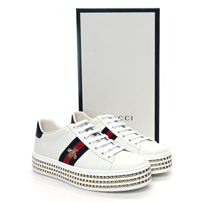 Gucci Calfskin Crystal Web Bee Embroidered Womens Ace Platform Sneakers 40 White 9 of 9